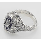 Back view of Victorian Style Blue Lapis Diamond Filigree Ring showing 925 sterling silver hallmark