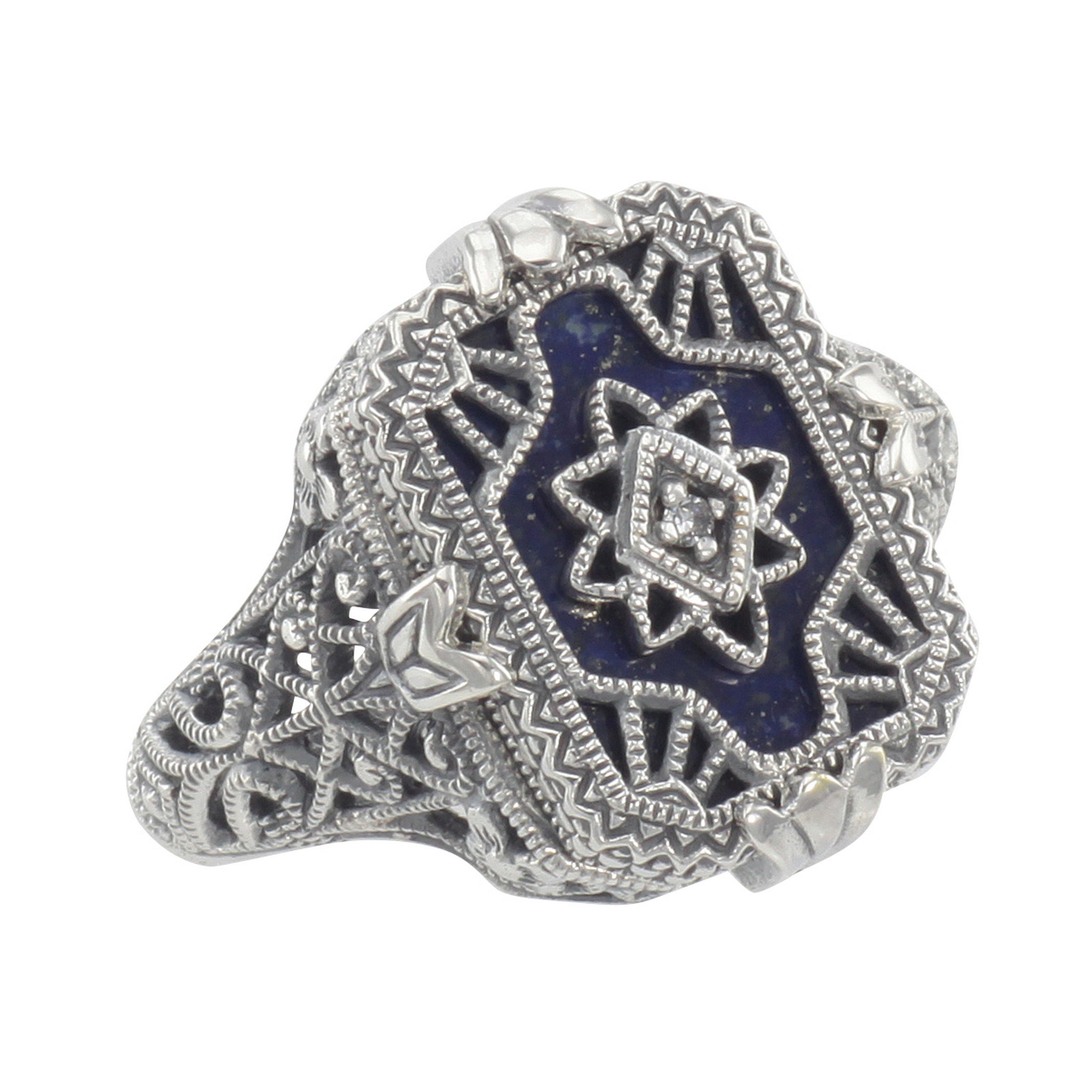 Victorian style, Diamond, Lapis, sterling silver rings, front view