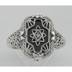 Detail view of Antique Victorian Style Black Onyx / Diamond Filigree Ring Sterling Silver highlighting Diamond, Black Onyx