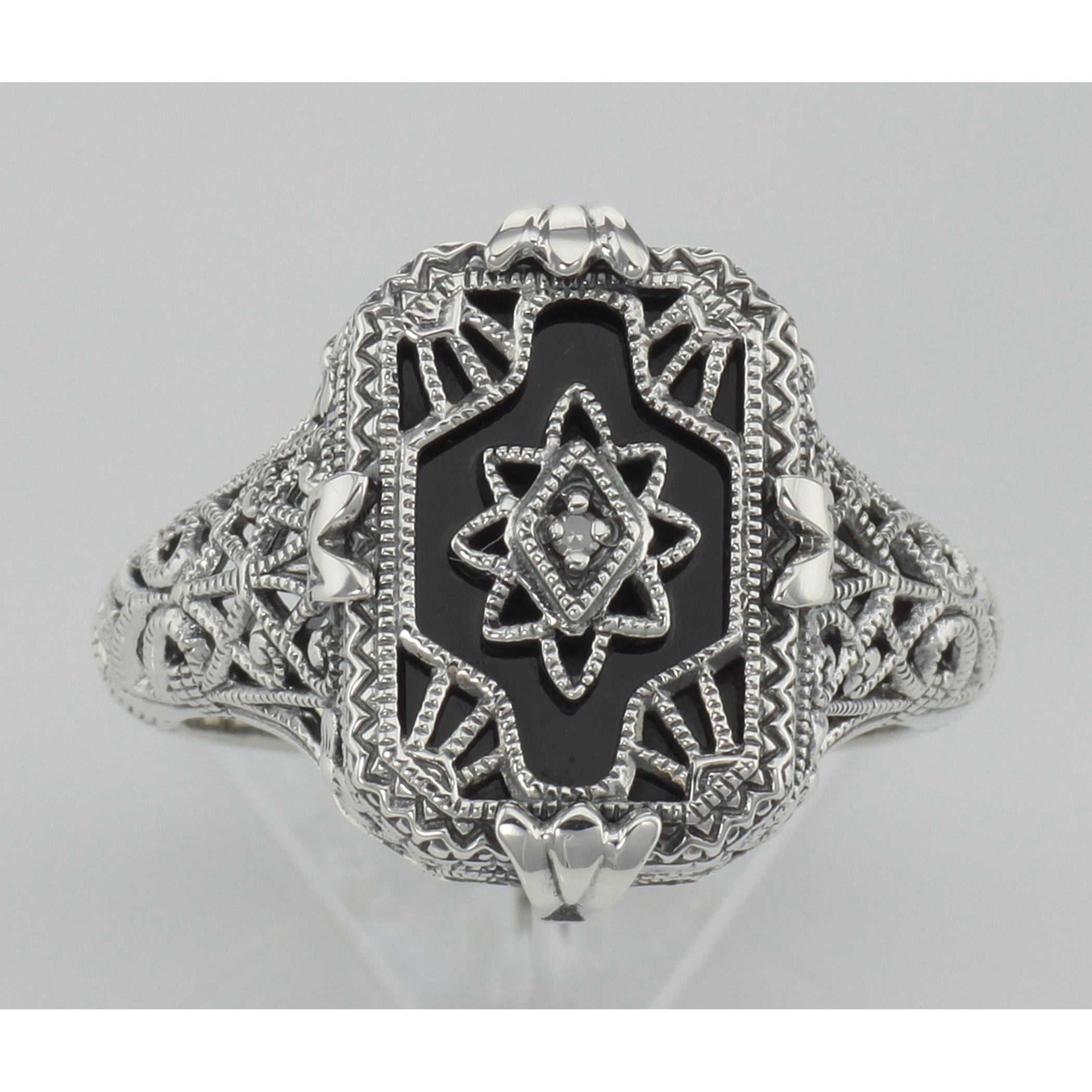 Detail view of Antique Victorian Style Black Onyx / Diamond Filigree Ring Sterling Silver highlighting Diamond, Black Onyx