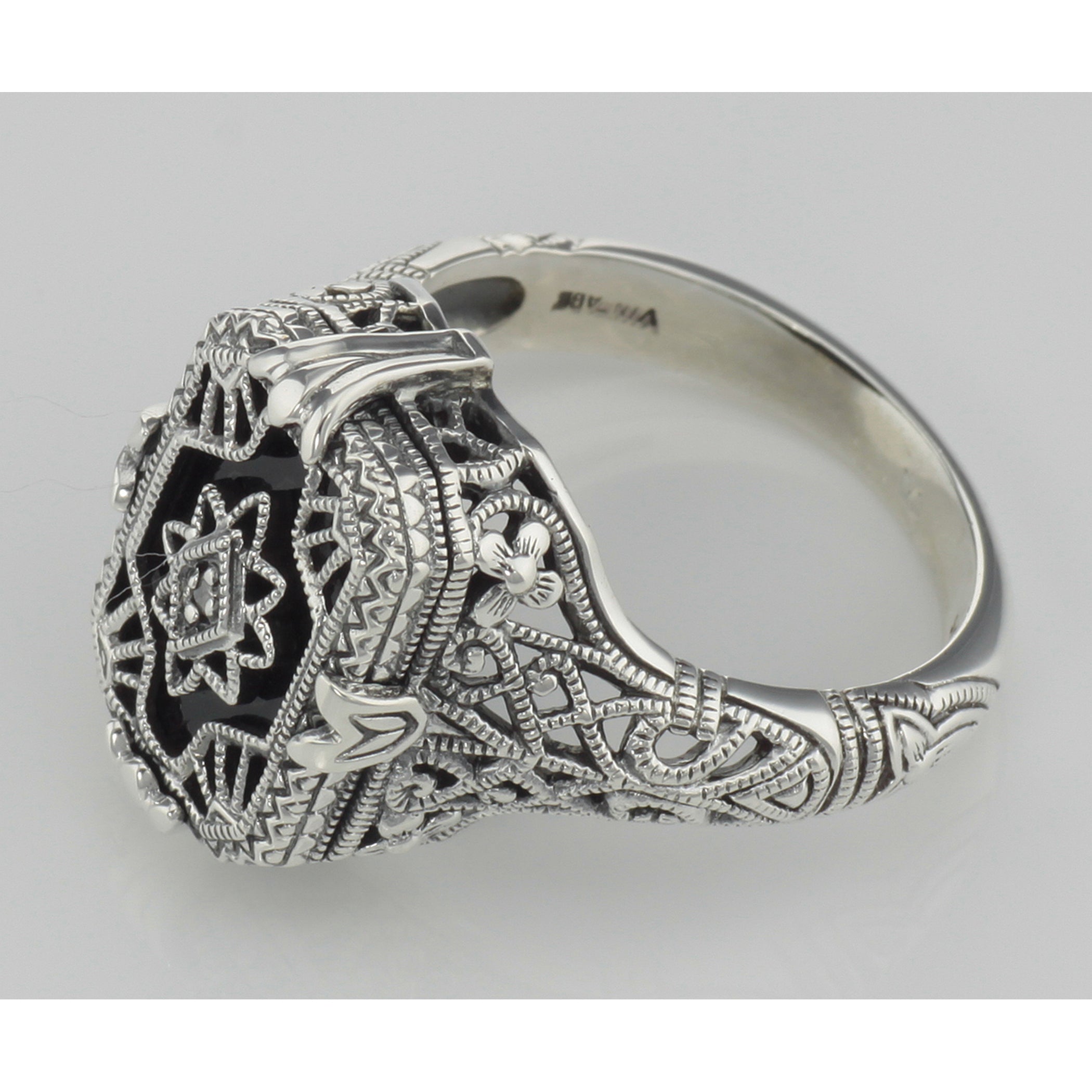 Back view of Antique Victorian Style Black Onyx / Diamond Filigree Ring Sterling Silver showing 925 sterling silver hallmark