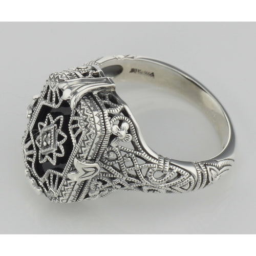Back view of Antique Victorian Style Black Onyx / Diamond Filigree Ring Sterling Silver showing 925 sterling silver hallmark