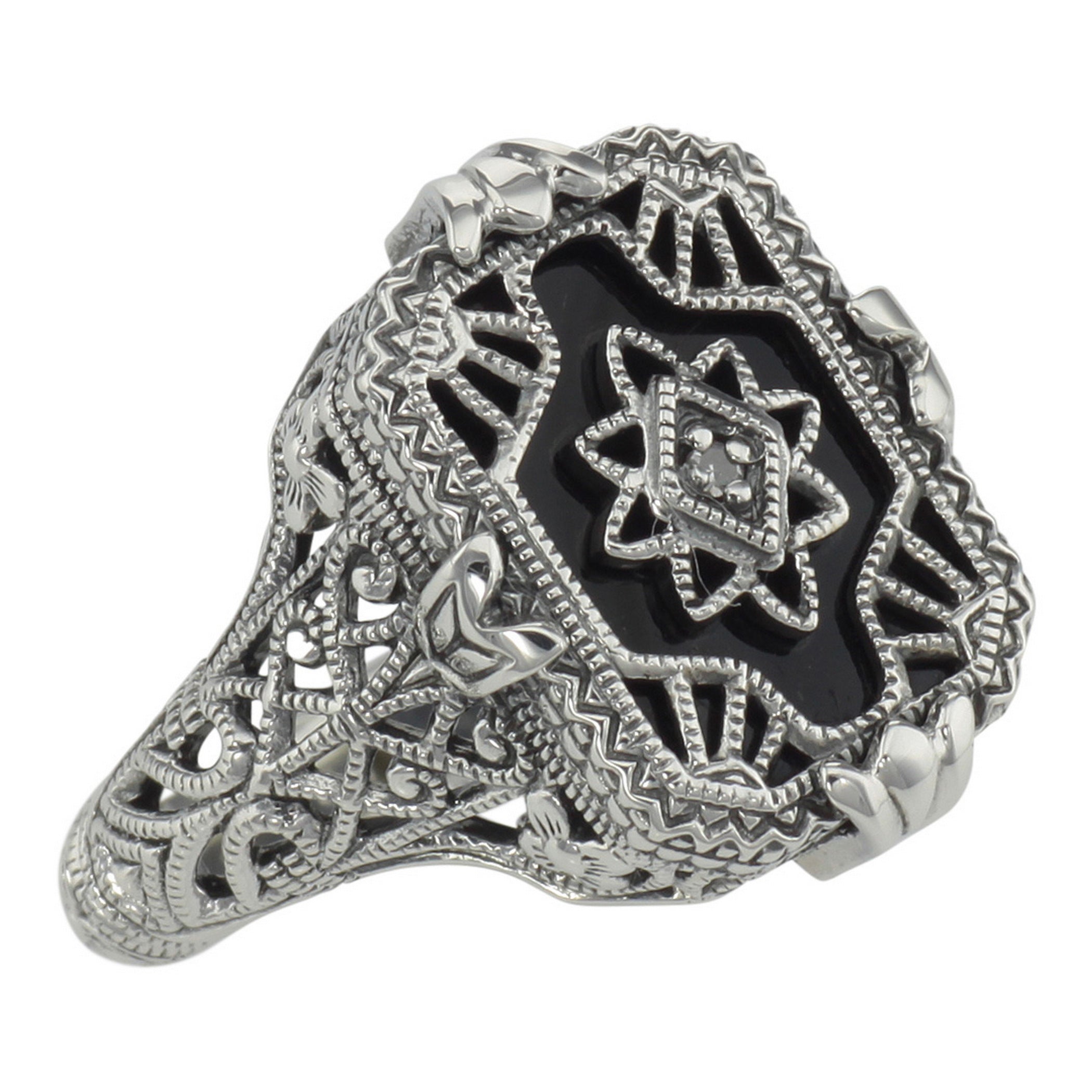 Victorian style, Diamond, Black Onyx, sterling silver rings, front view
