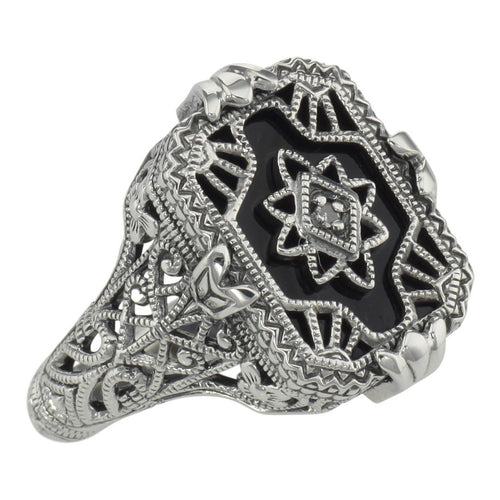 Victorian style, Diamond, Black Onyx, sterling silver rings, front view
