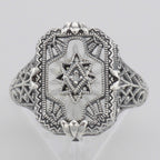Detail view of Victorian Camphor Glass Crystal Filigree Diamond Ring Sterling Silver highlighting Diamond, Crystal