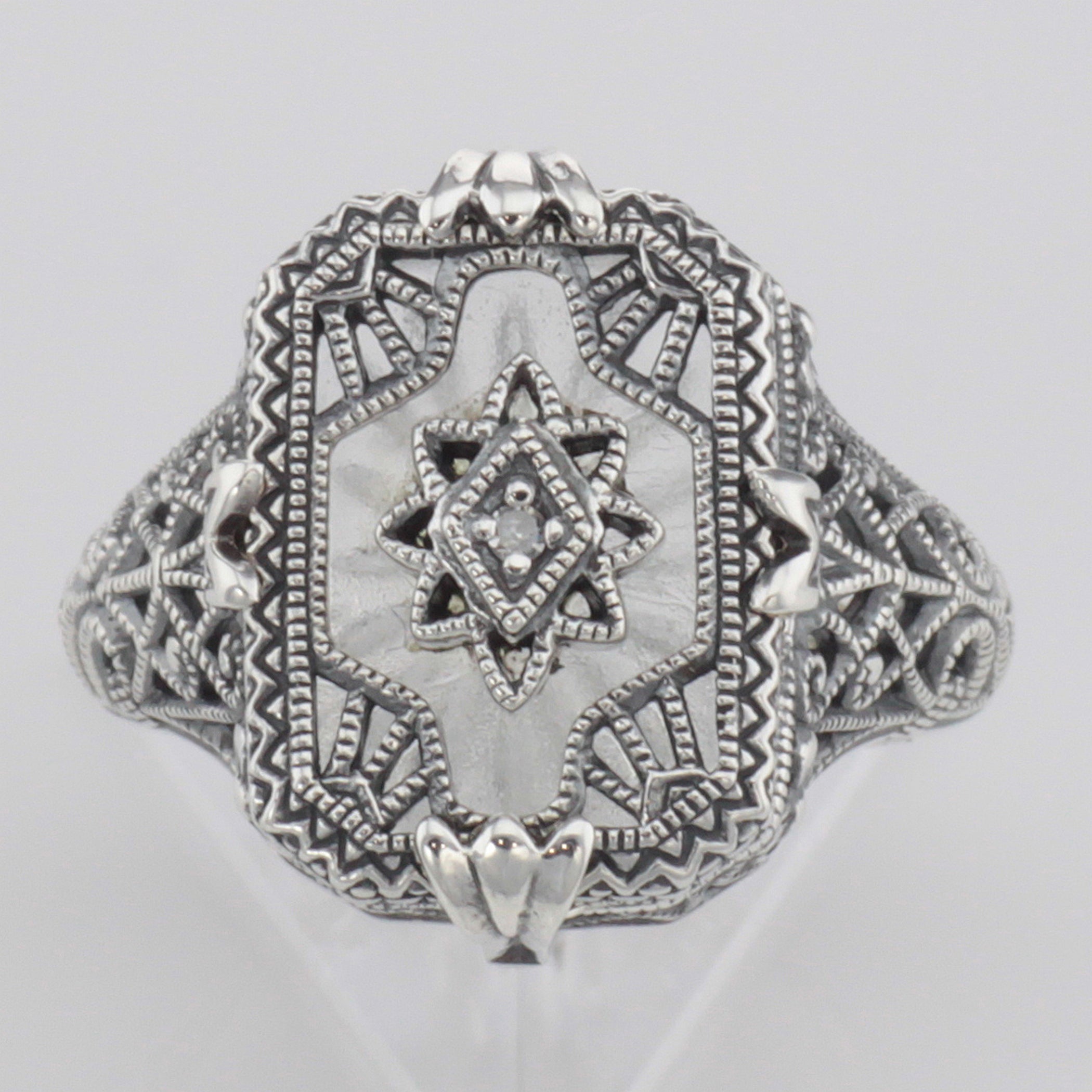 Detail view of Victorian Camphor Glass Crystal Filigree Diamond Ring Sterling Silver highlighting Diamond, Crystal