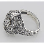Back view of Victorian Camphor Glass Crystal Filigree Diamond Ring Sterling Silver showing 925 sterling silver hallmark