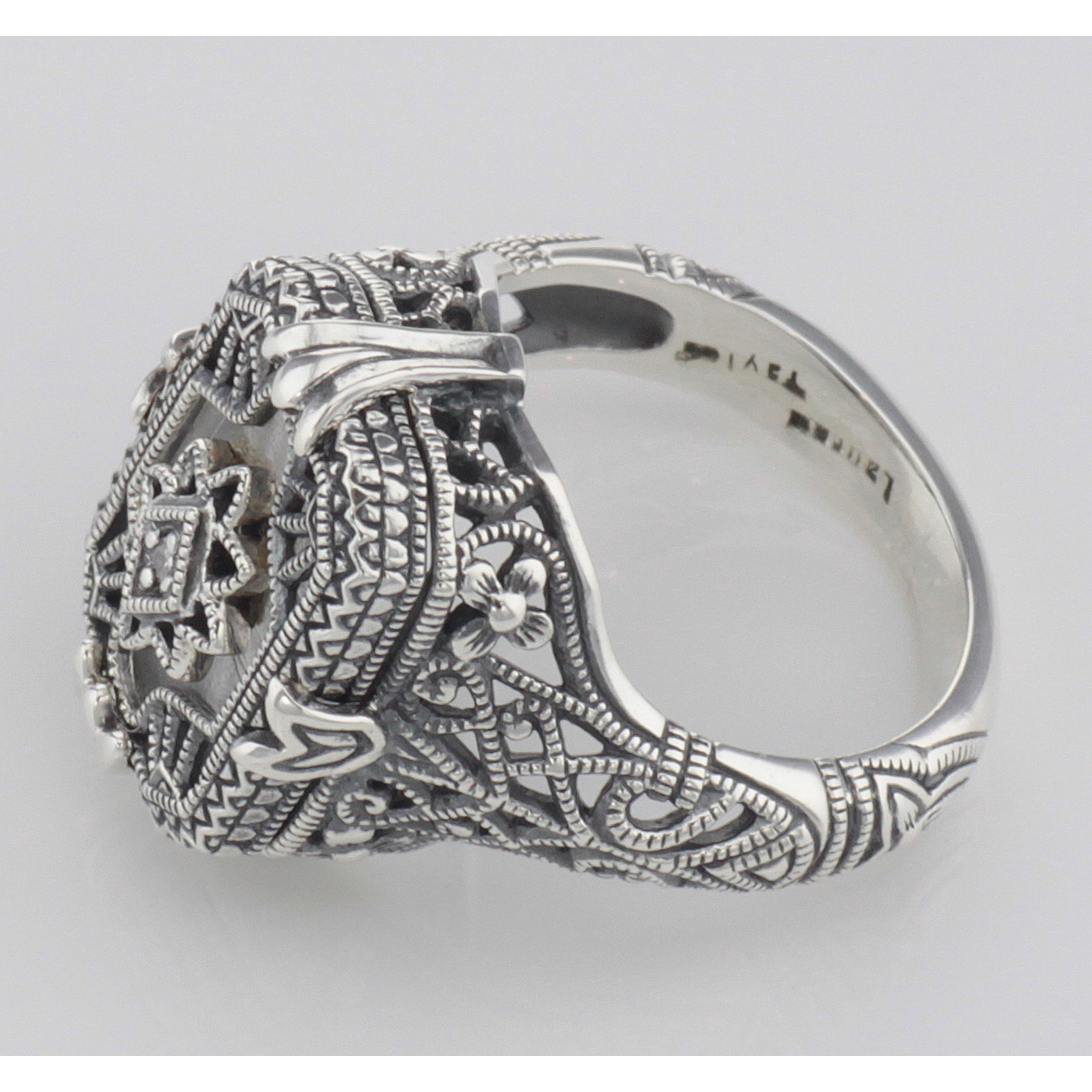 Back view of Victorian Camphor Glass Crystal Filigree Diamond Ring Sterling Silver showing 925 sterling silver hallmark
