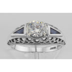 Detail view of Art Deco Style Cubic Zirconia Filigree Ring w/ Sapphire highlighting Sapphire, Cubic Zirconia