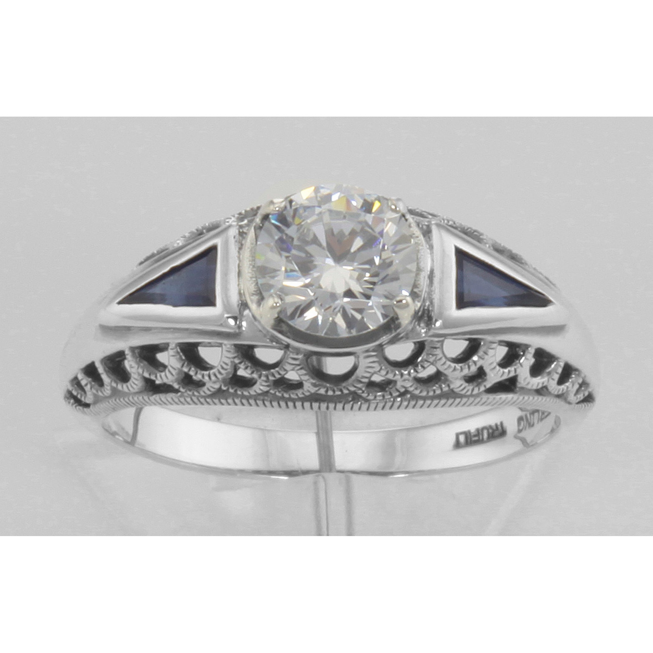 Detail view of Art Deco Style Cubic Zirconia Filigree Ring w/ Sapphire highlighting Sapphire, Cubic Zirconia
