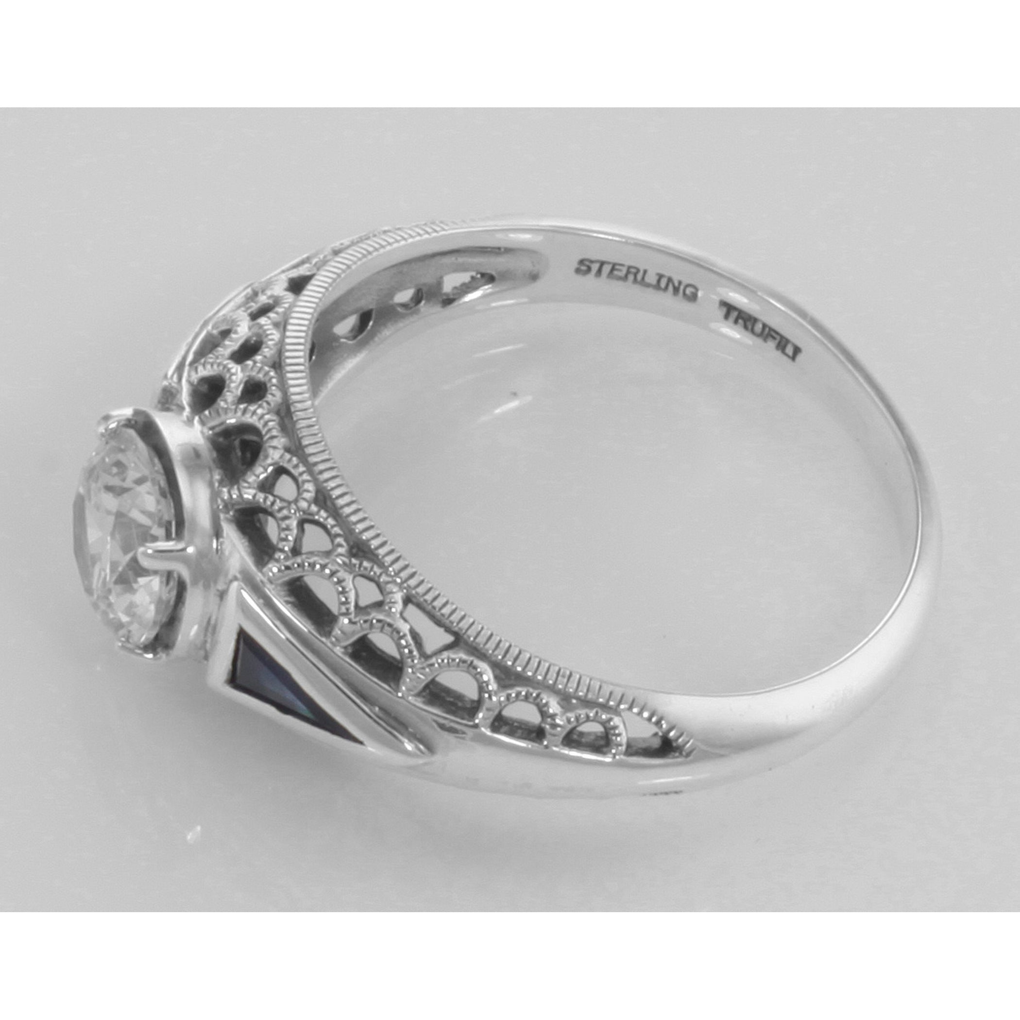 Back view of Art Deco Style Cubic Zirconia Filigree Ring w/ Sapphire showing 925 sterling silver hallmark
