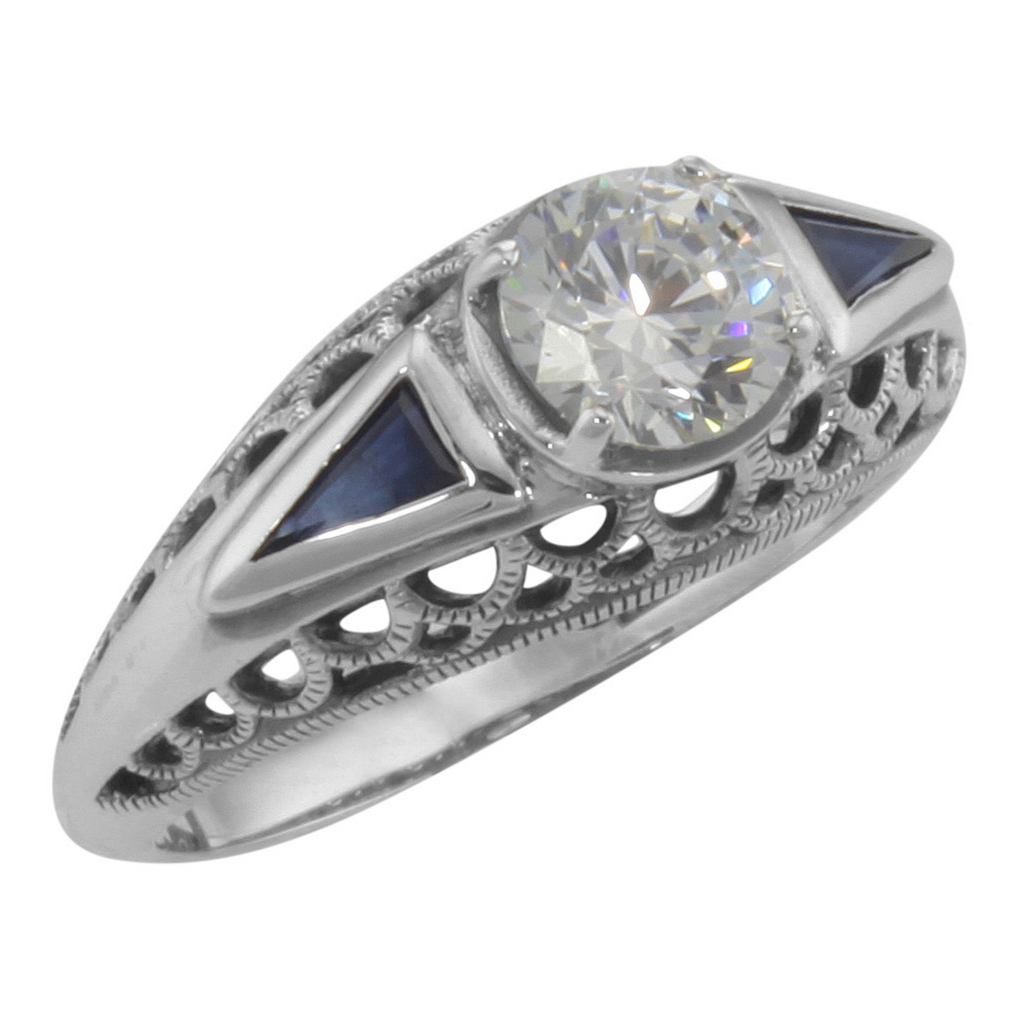 Art Deco style, Sapphire, Cubic Zirconia, sterling silver rings, front view