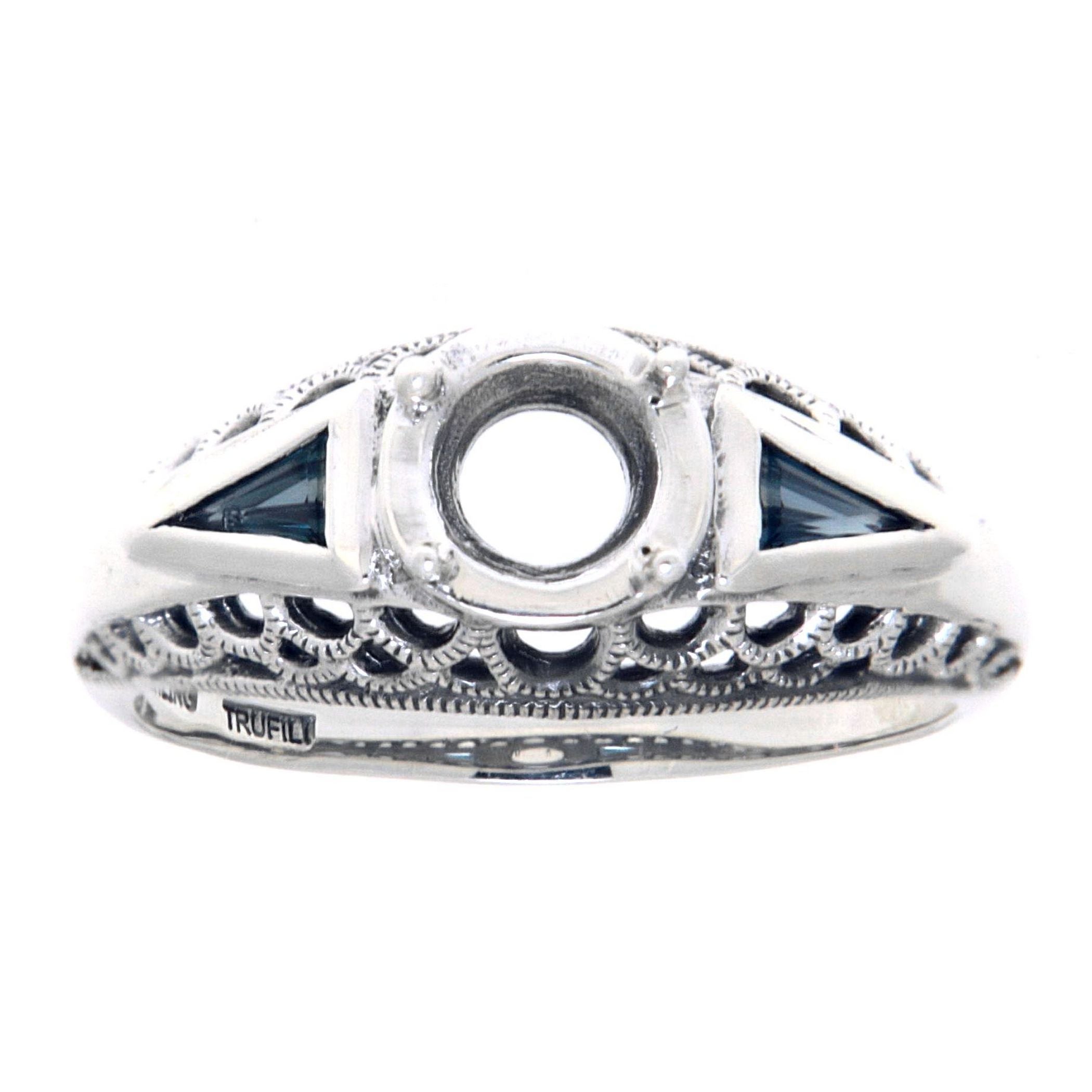 Detail view of Art Deco Filigree Semi Mount 6mm Ring Sapphire Accents Sterling Silver highlighting Sapphire