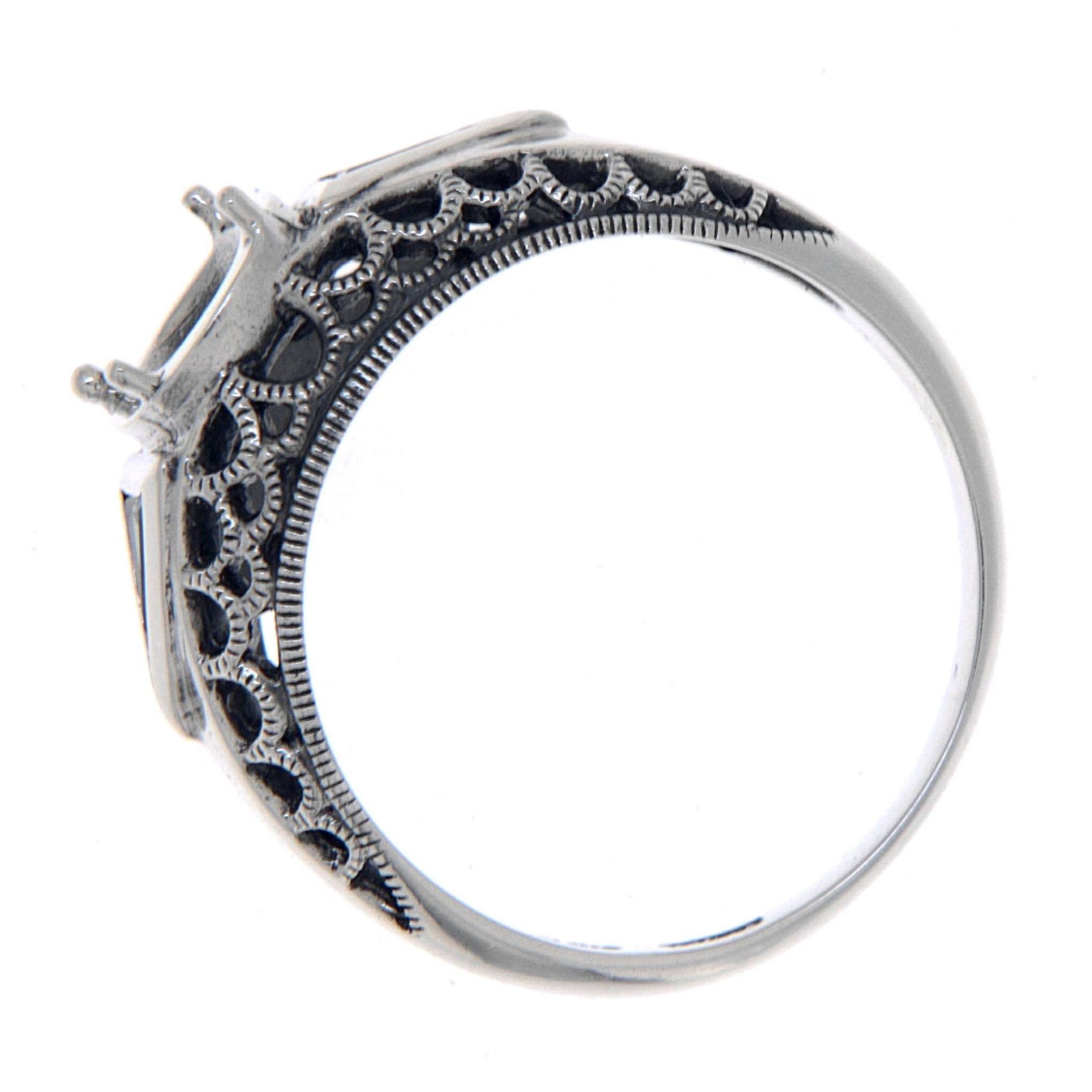Back view of Art Deco Filigree Semi Mount 6mm Ring Sapphire Accents Sterling Silver showing 925 sterling silver hallmark