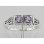 Detail view of Art Deco Style Amethyst Filigree Ring w/ 2 Diamonds highlighting Amethyst, Diamond