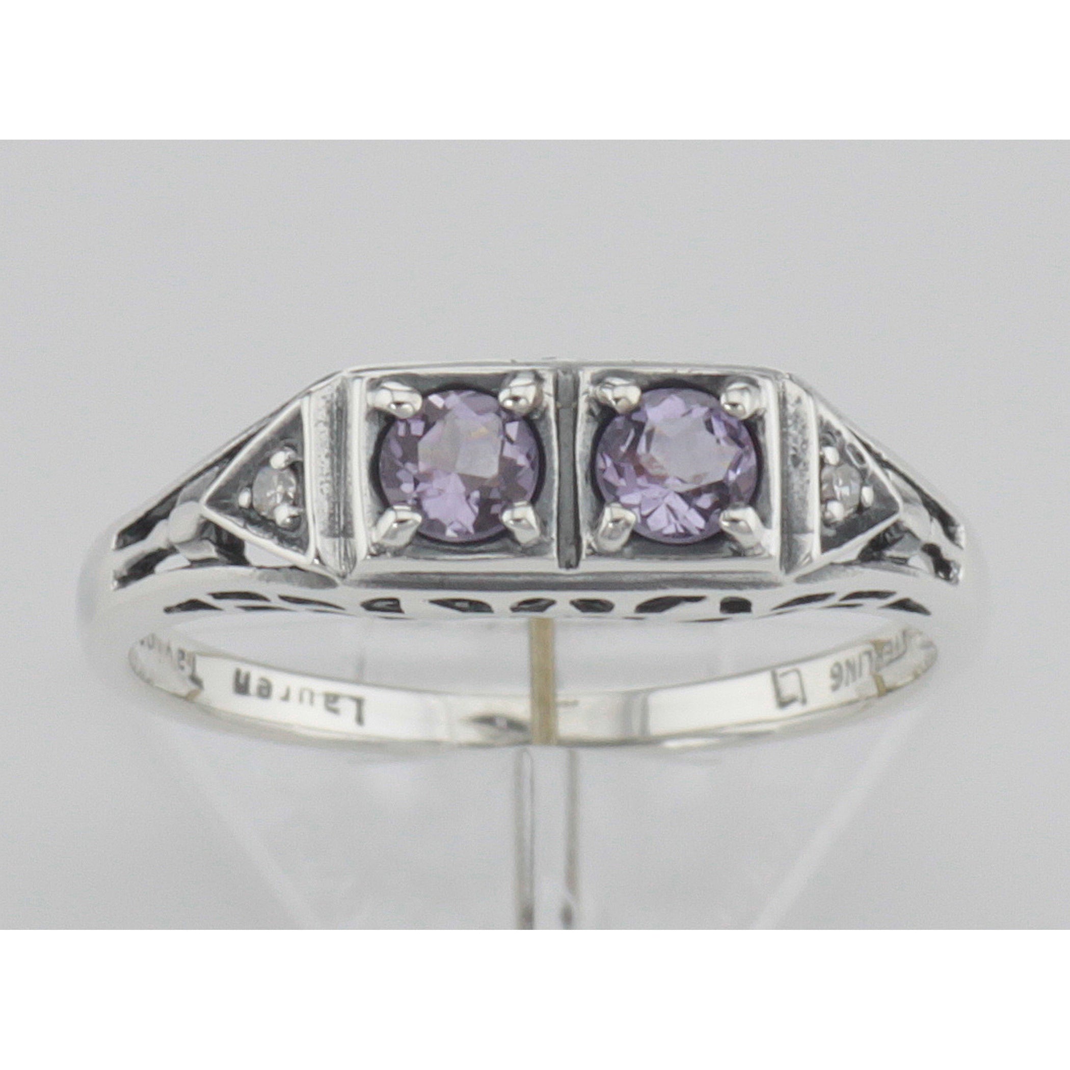 Detail view of Art Deco Style Amethyst Filigree Ring w/ 2 Diamonds highlighting Amethyst, Diamond