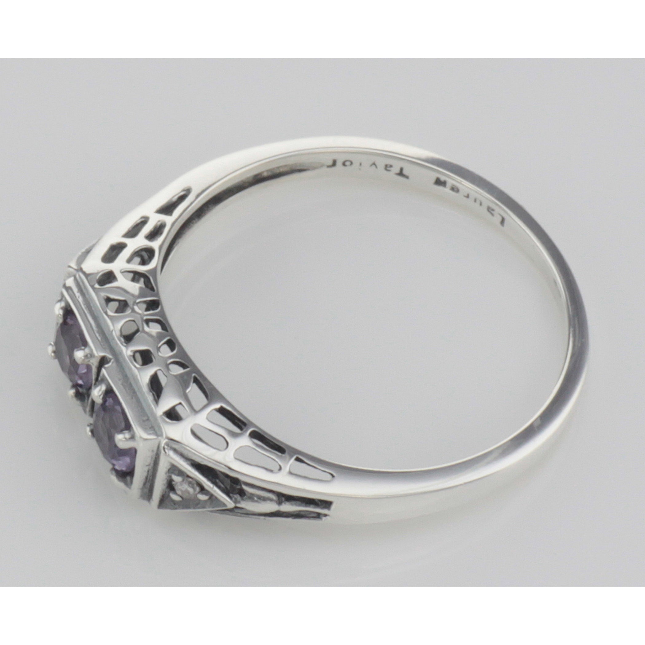 Back view of Art Deco Style Amethyst Filigree Ring w/ 2 Diamonds showing 925 sterling silver hallmark