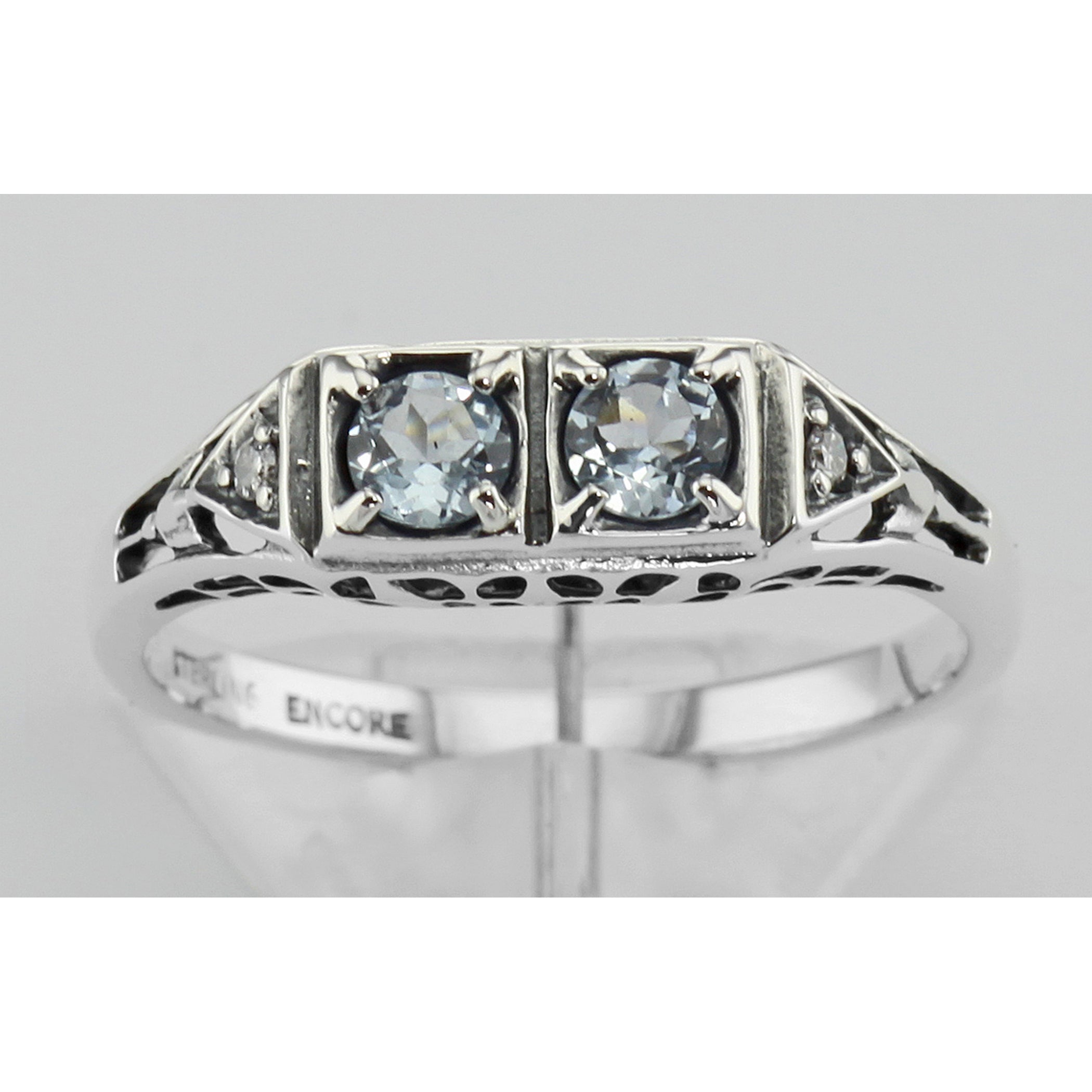 Detail view of Art Deco Style Blue Topaz Filigree Ring w/ 2 Diamonds highlighting Blue Topaz, Diamond