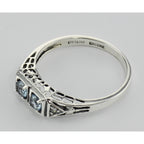 Back view of Art Deco Style Blue Topaz Filigree Ring w/ 2 Diamonds showing 925 sterling silver hallmark