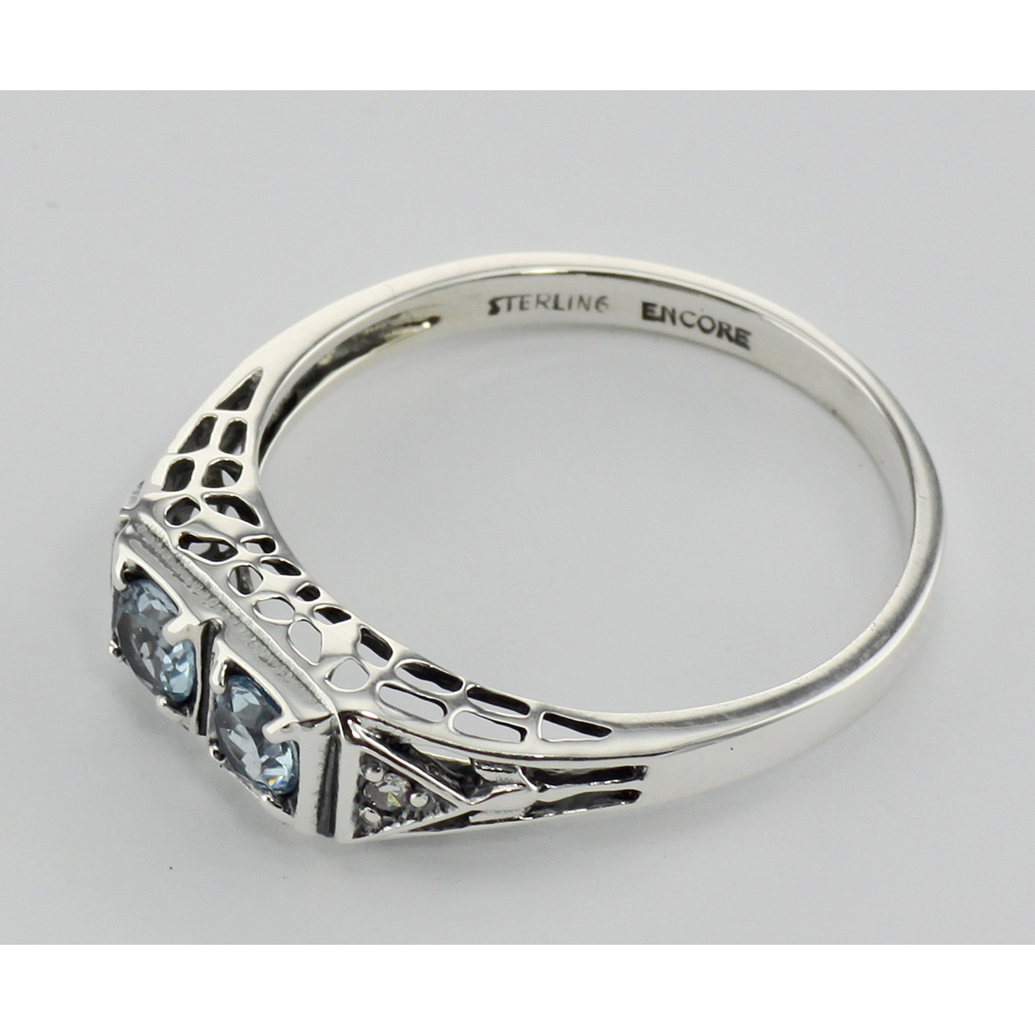 Back view of Art Deco Style Blue Topaz Filigree Ring w/ 2 Diamonds showing 925 sterling silver hallmark