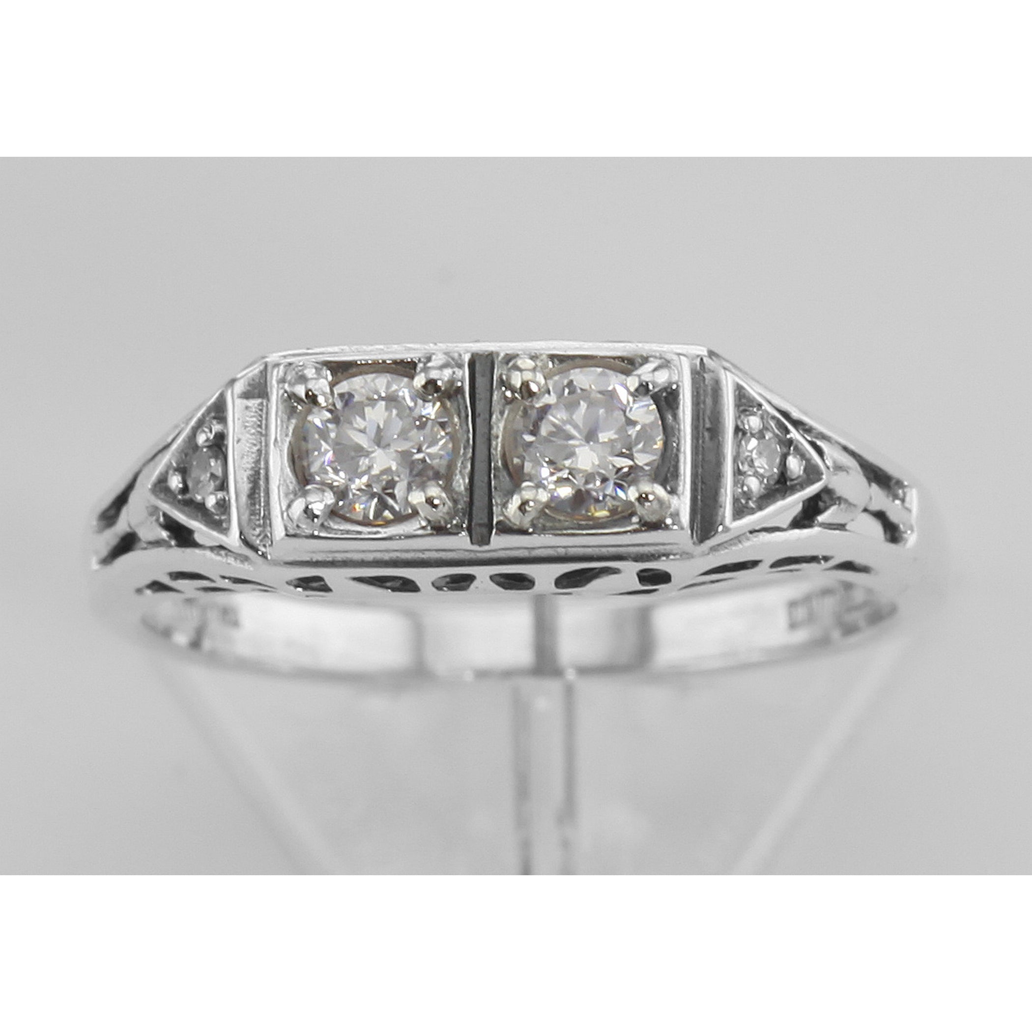 Detail view of CZ Filigree Ring w/ 2 Diamonds highlighting Diamond, CZ