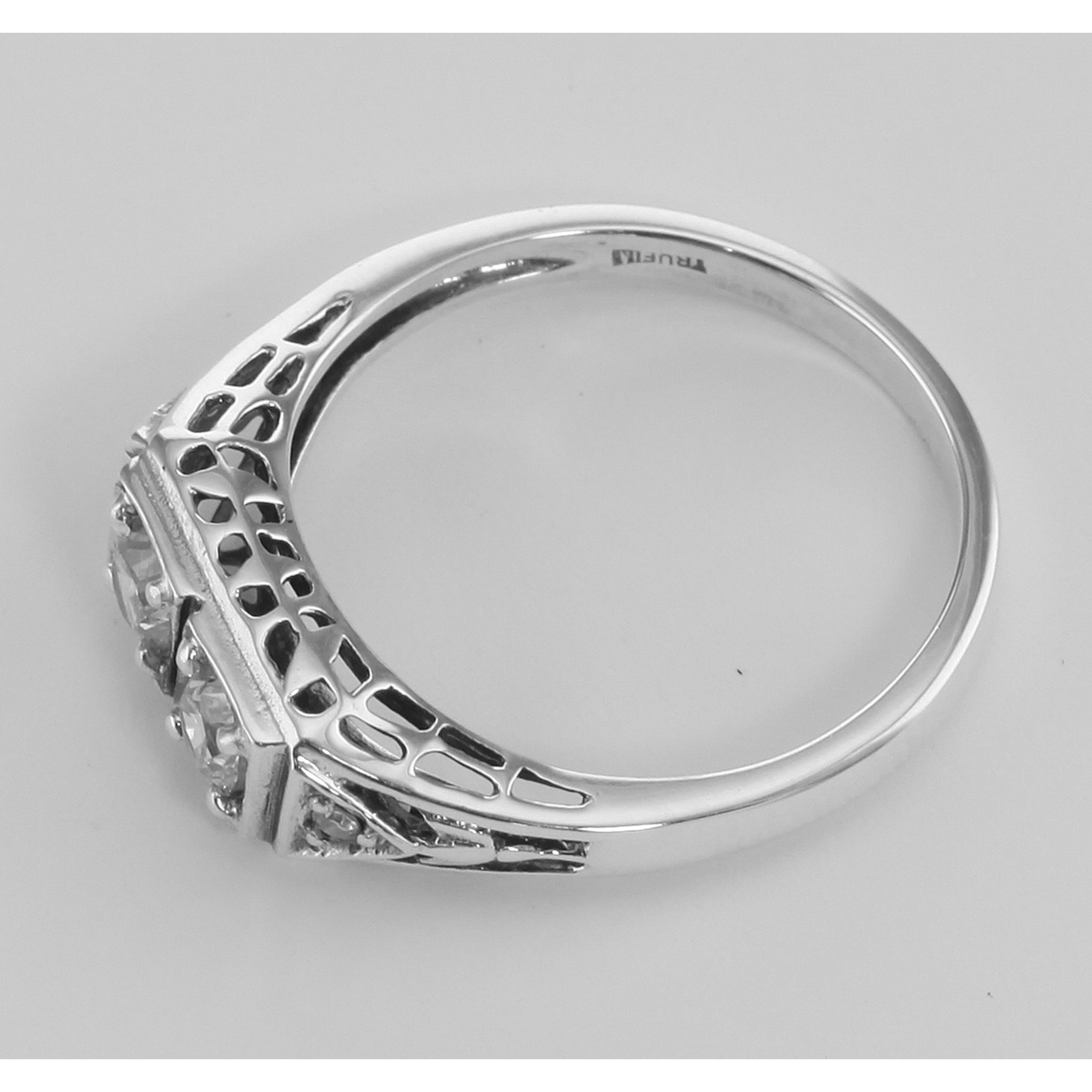 Back view of CZ Filigree Ring w/ 2 Diamonds showing 925 sterling silver hallmark