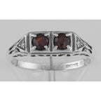 Detail view of Art Deco Style Garnet Filigree Ring w/ 2 Diamonds highlighting Garnet, Diamond