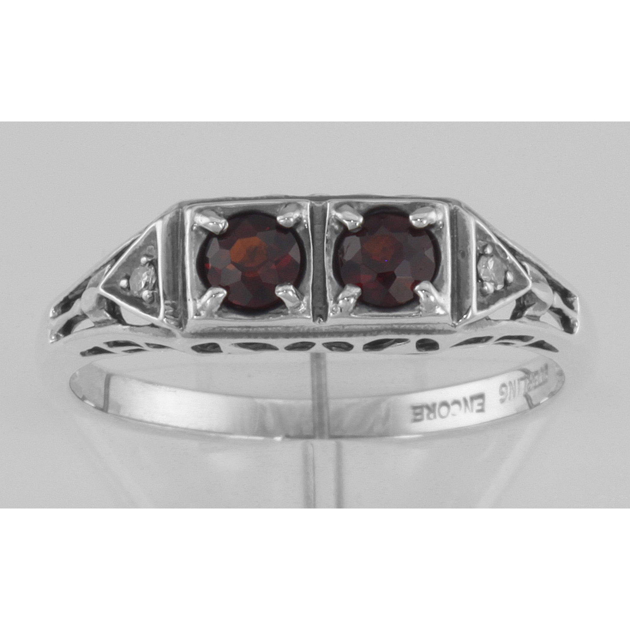 Detail view of Art Deco Style Garnet Filigree Ring w/ 2 Diamonds highlighting Garnet, Diamond