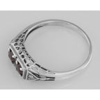 Back view of Art Deco Style Garnet Filigree Ring w/ 2 Diamonds showing 925 sterling silver hallmark