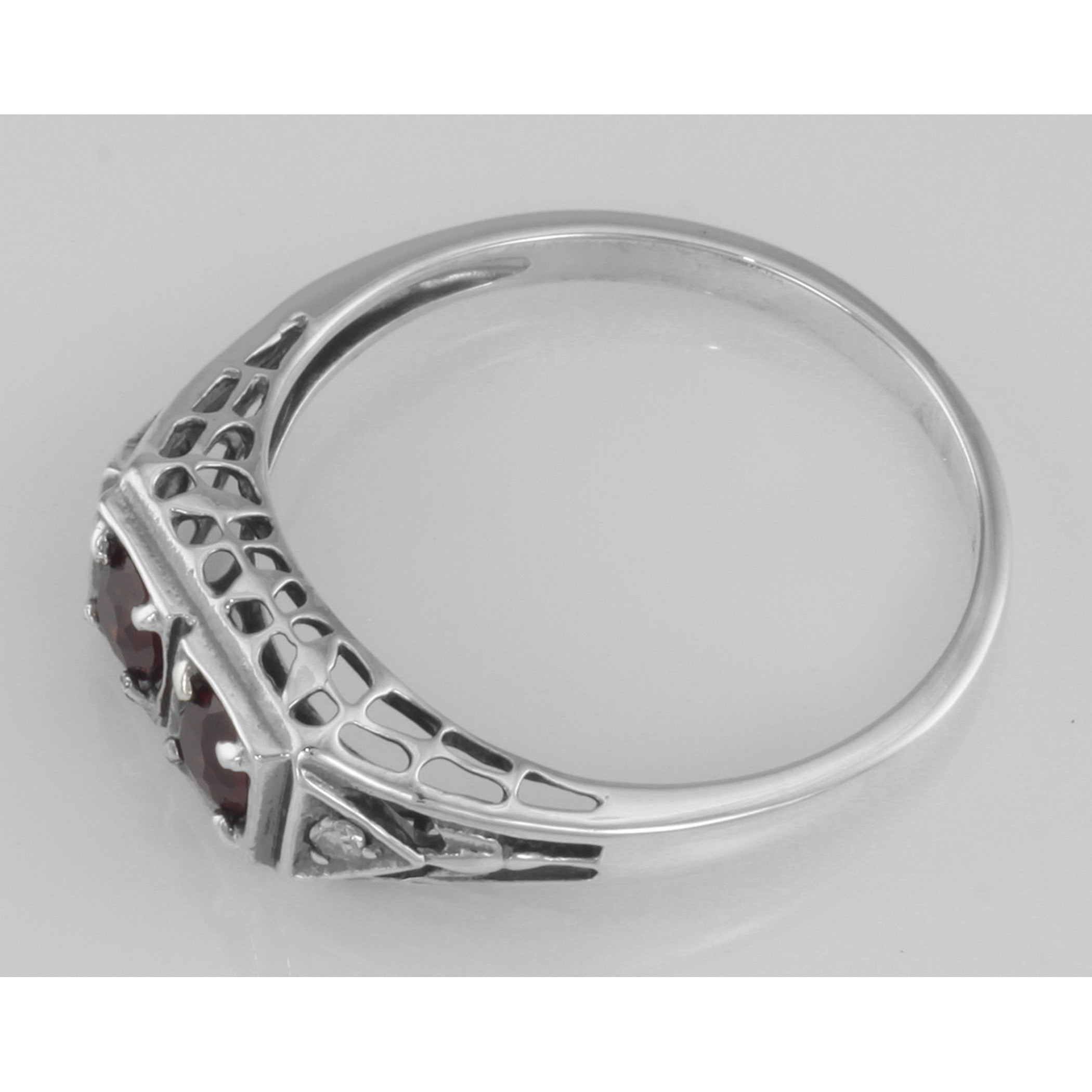 Back view of Art Deco Style Garnet Filigree Ring w/ 2 Diamonds showing 925 sterling silver hallmark
