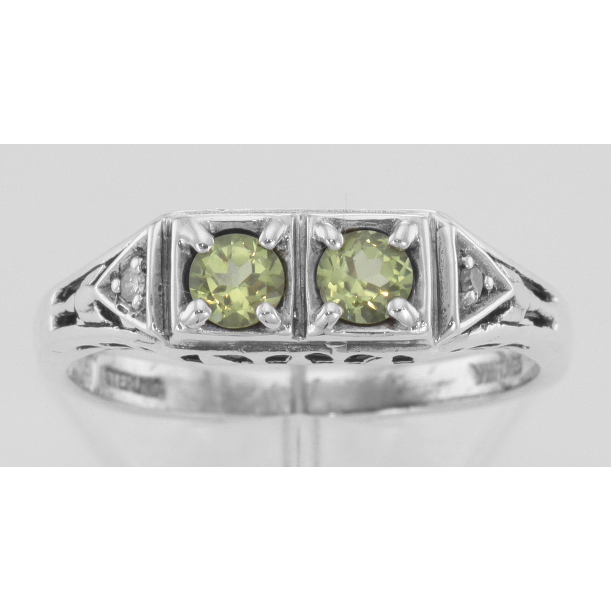Detail view of Art Deco Style Peridot Filigree Ring w/ 2 Diamonds highlighting Diamond, Peridot