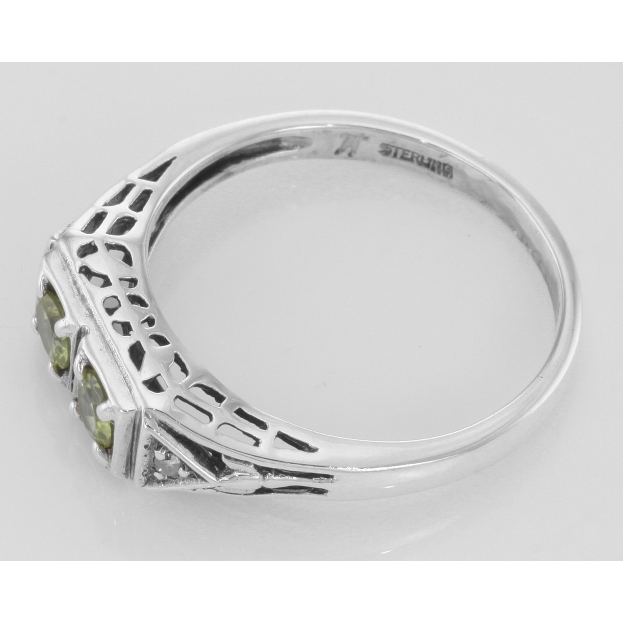 Back view of Art Deco Style Peridot Filigree Ring w/ 2 Diamonds showing 925 sterling silver hallmark