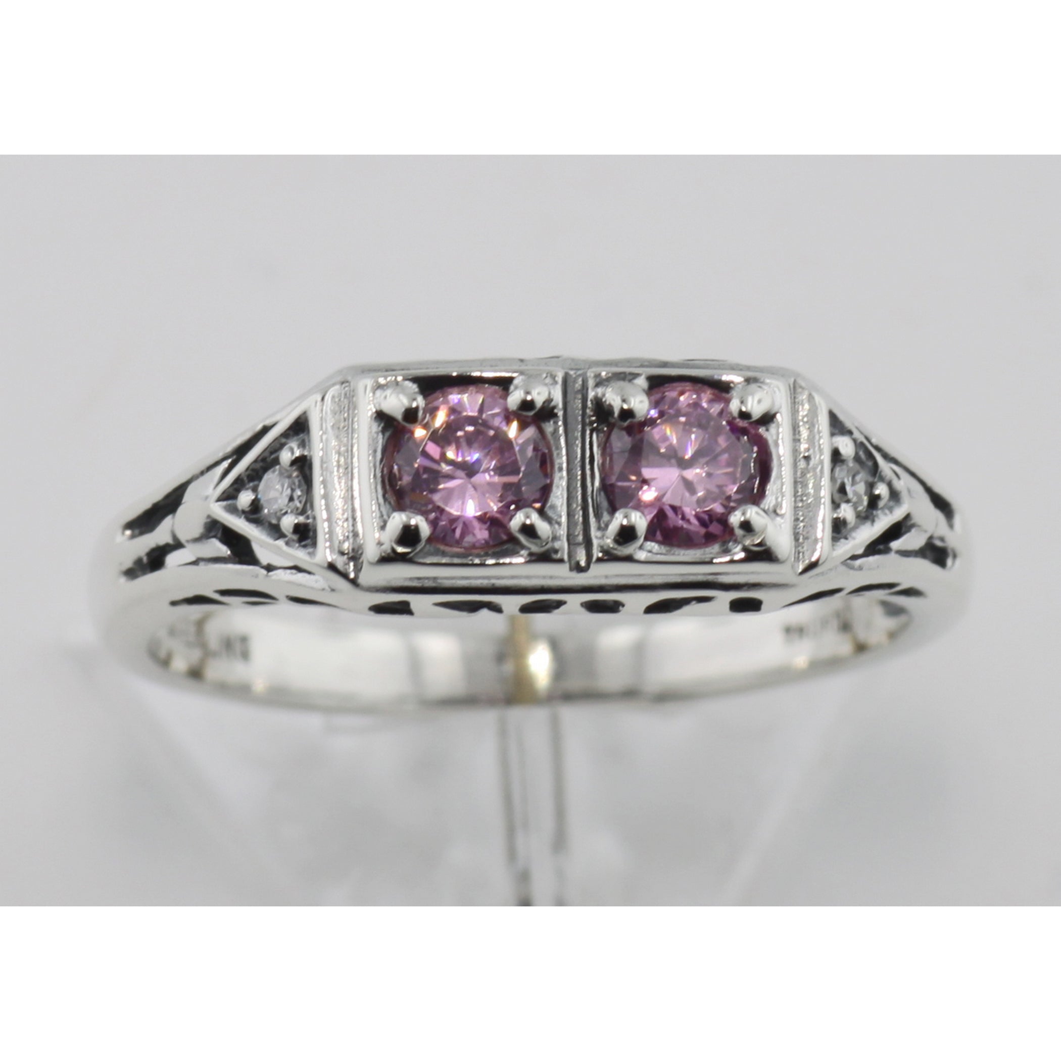 Detail view of CZ Vintage Style Ring w/ 2 Diamonds highlighting Diamond, CZ