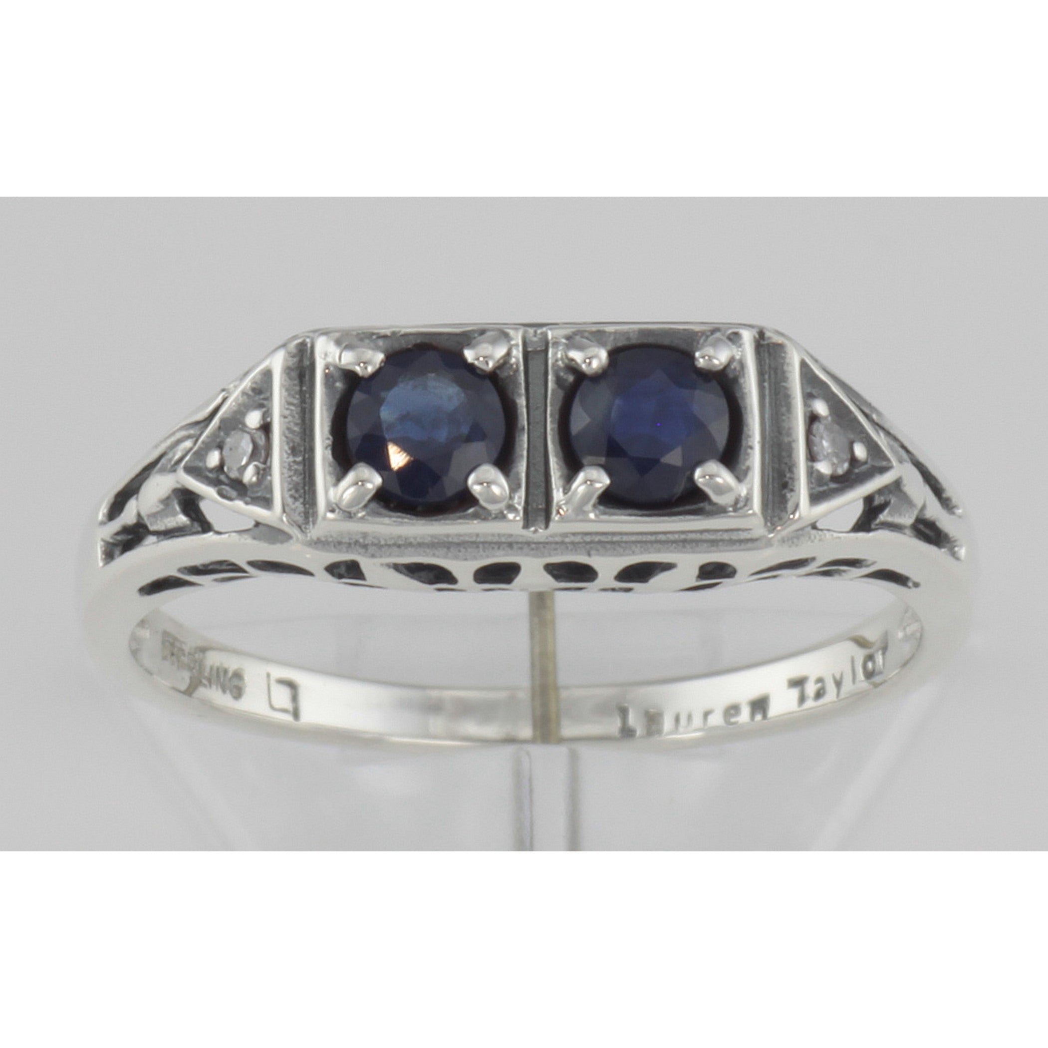 Detail view of Art Deco Style Sapphire Filigree Ring w/ 2 Diamonds highlighting Sapphire, Diamond