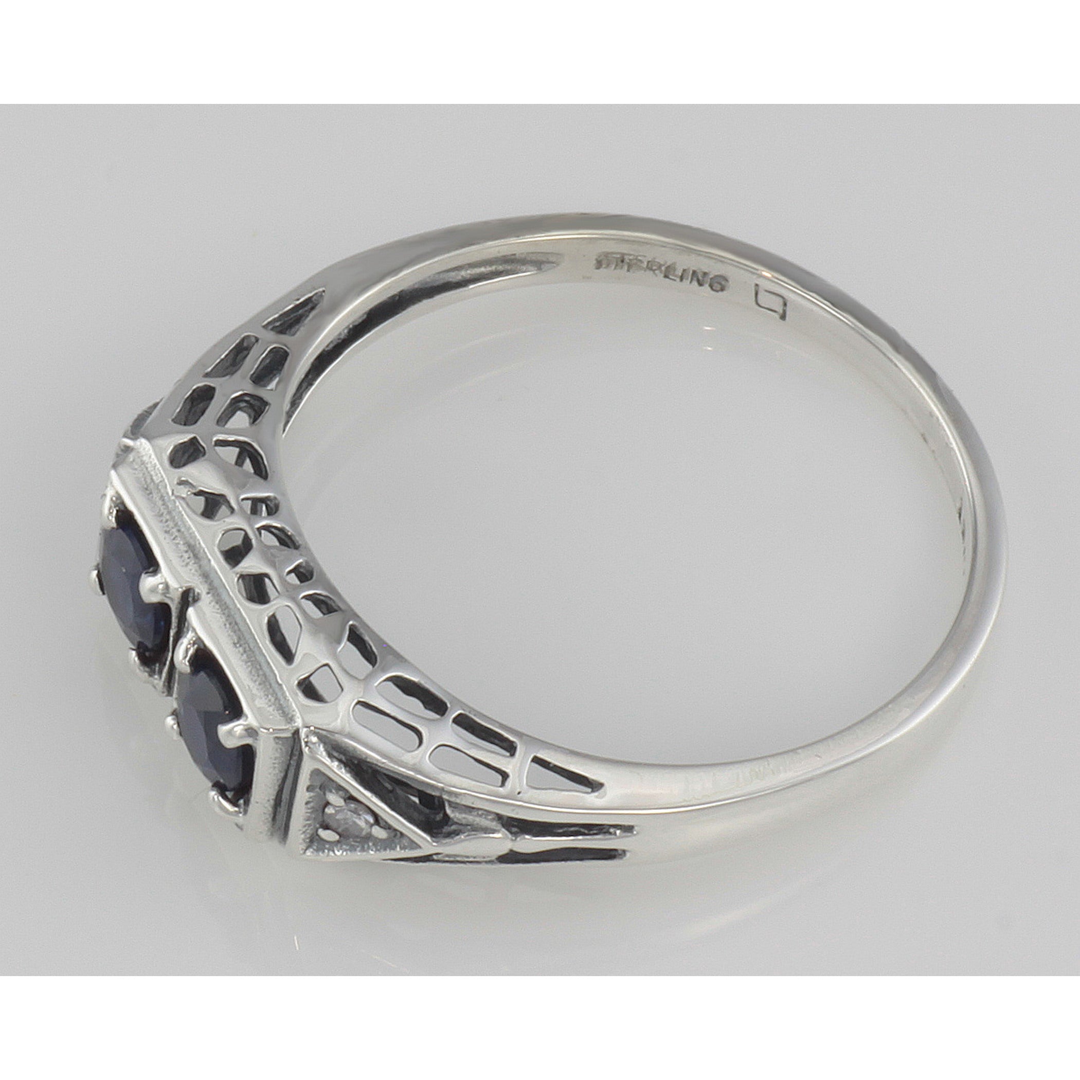 Back view of Art Deco Style Sapphire Filigree Ring w/ 2 Diamonds showing 925 sterling silver hallmark