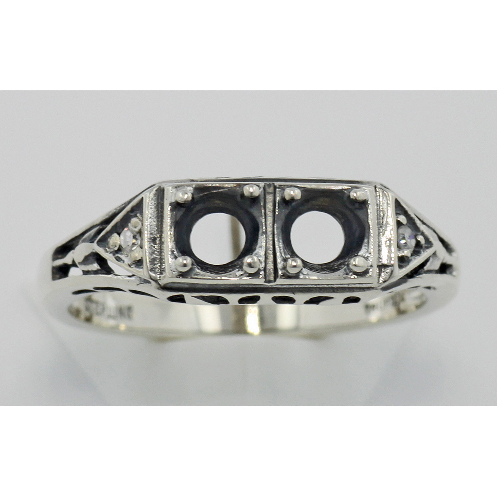 Detail view of Semi Mount Filigree Ring w/ 2 Diamonds highlighting Diamond