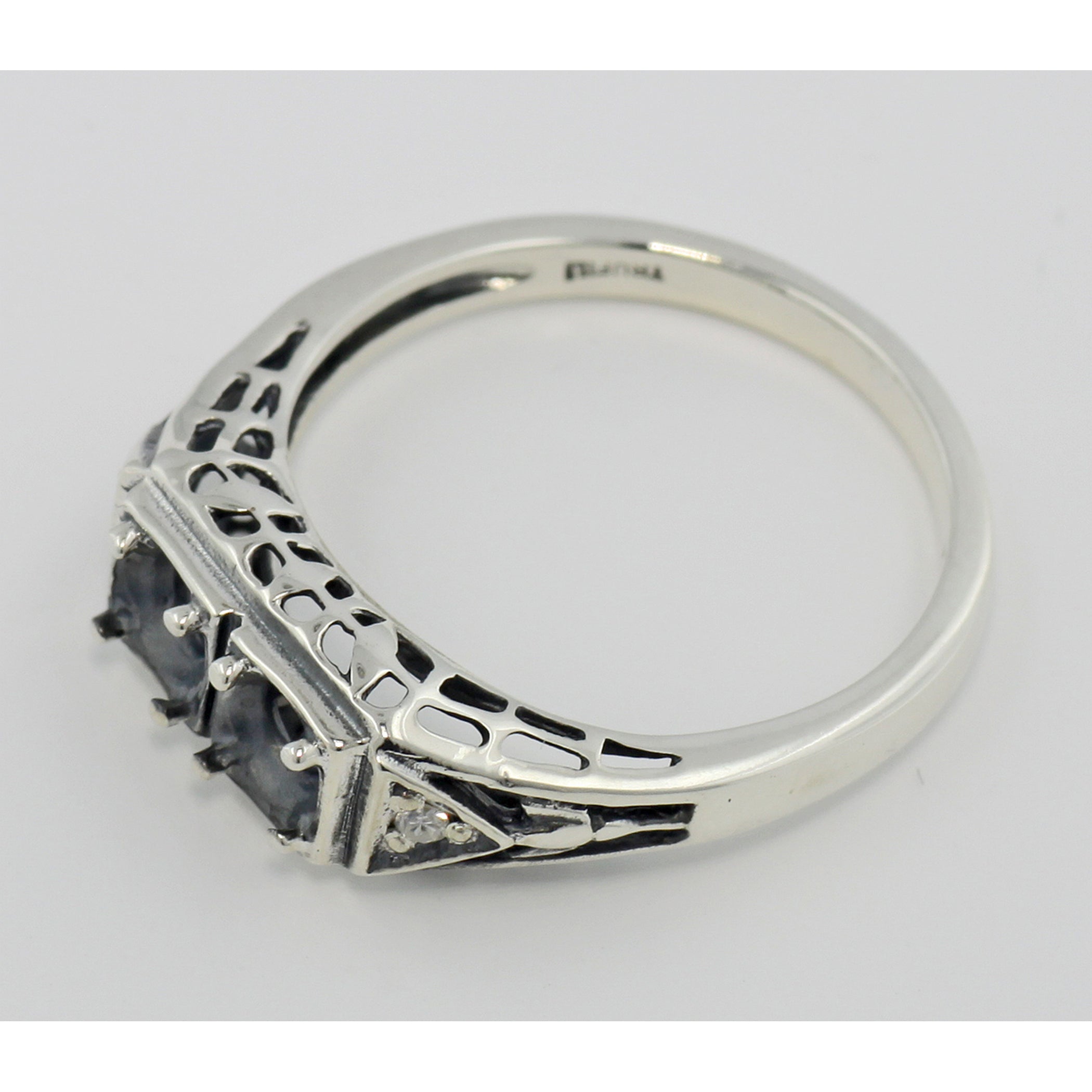 Back view of Semi Mount Filigree Ring w/ 2 Diamonds showing 925 sterling silver hallmark