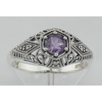Detail view of Art Deco Style Amethyst Filigree Ring w/ 4 Diamonds highlighting Amethyst, Diamond