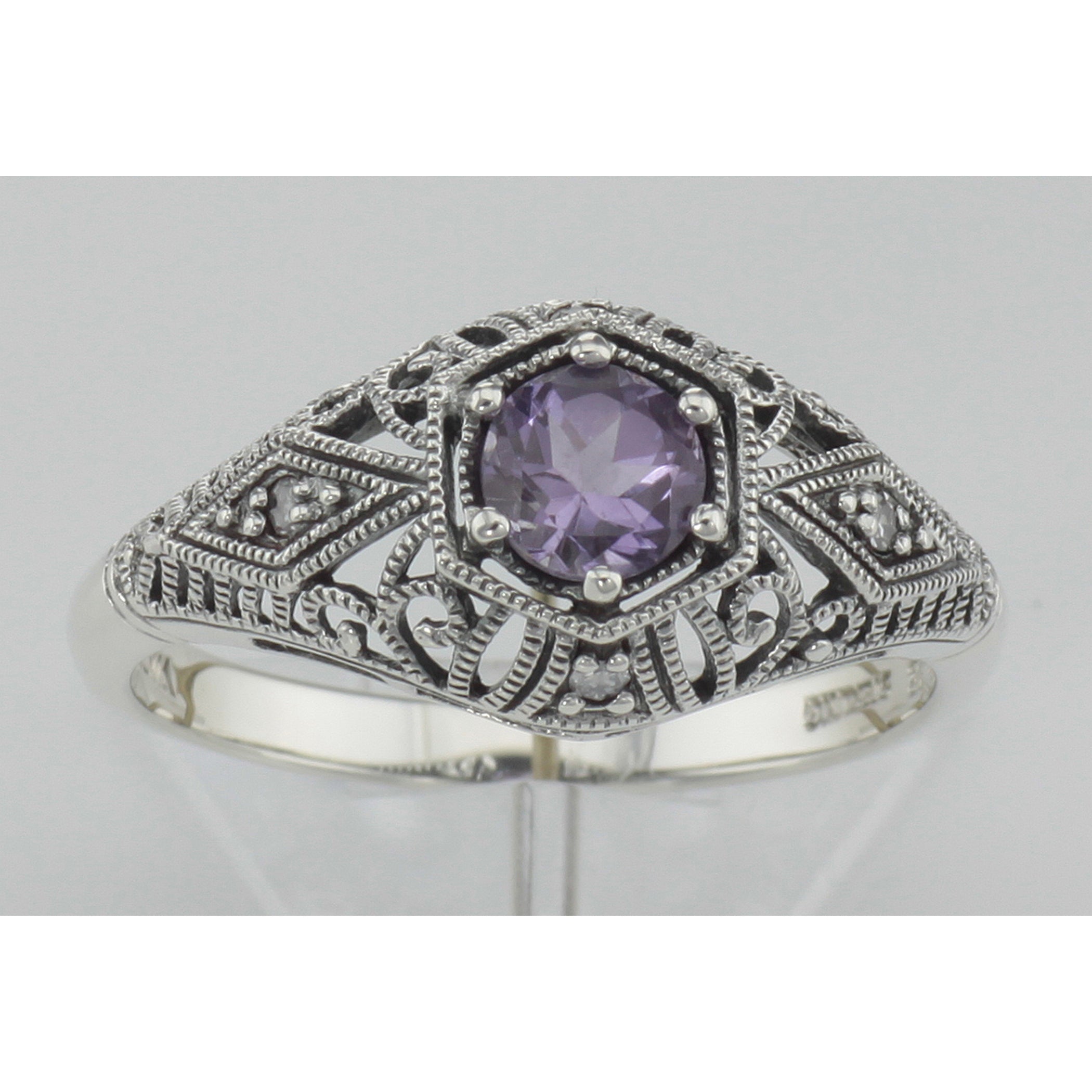 Detail view of Art Deco Style Amethyst Filigree Ring w/ 4 Diamonds highlighting Amethyst, Diamond