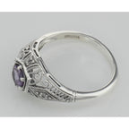 Back view of Art Deco Style Amethyst Filigree Ring w/ 4 Diamonds showing 925 sterling silver hallmark