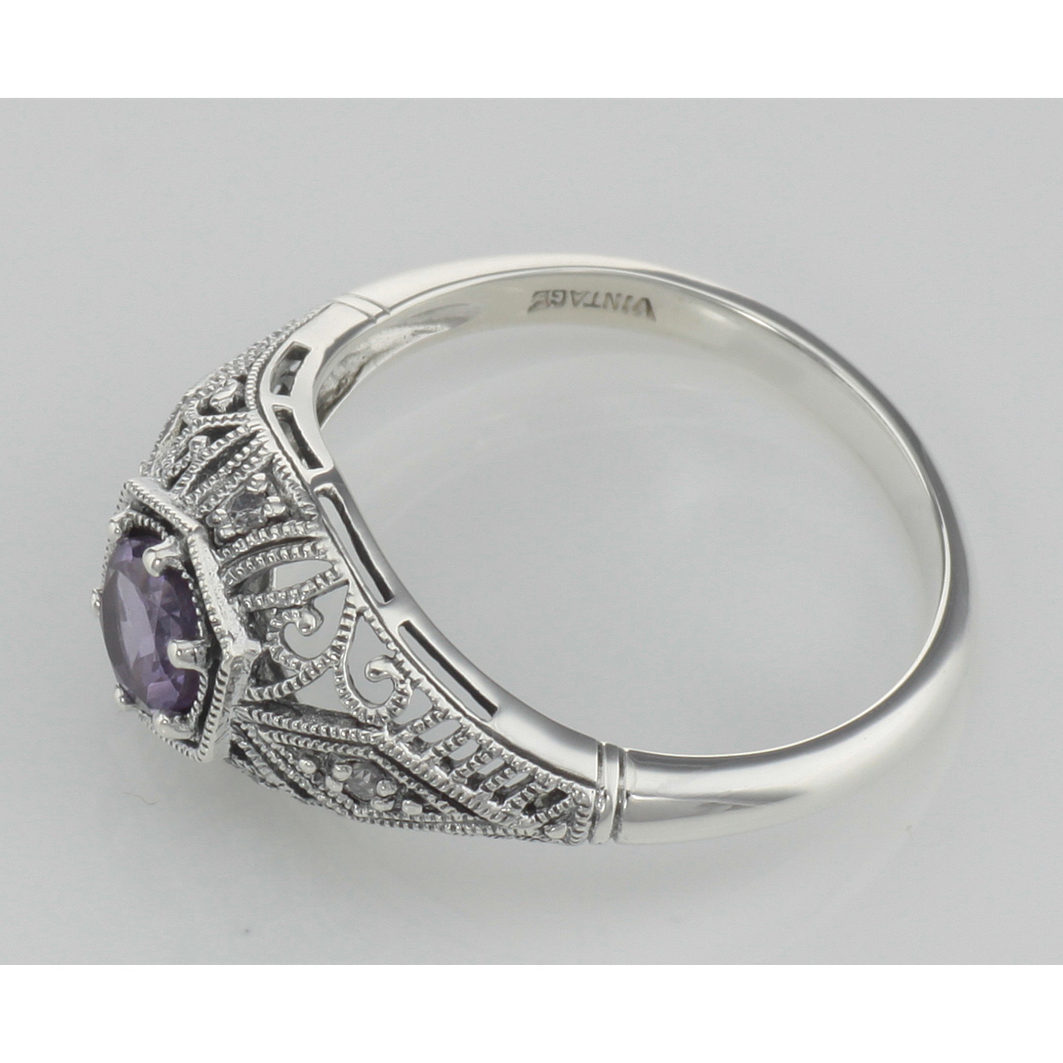 Back view of Art Deco Style Amethyst Filigree Ring w/ 4 Diamonds showing 925 sterling silver hallmark