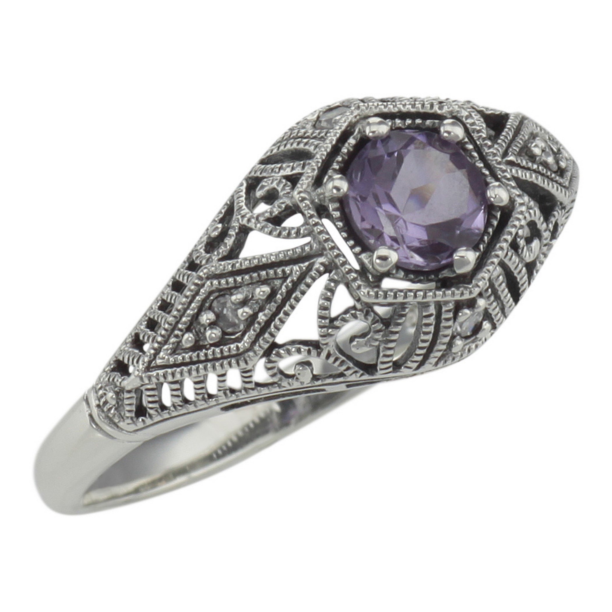 Art Deco style, Amethyst, Diamond, sterling silver rings, front view