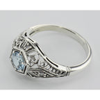 Detail view of Blue Topaz Victorian Style Filigree Ring w/ 4 Diamonds highlighting Blue Topaz, Diamond