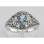 Back view of Blue Topaz Victorian Style Filigree Ring w/ 4 Diamonds showing 925 sterling silver hallmark