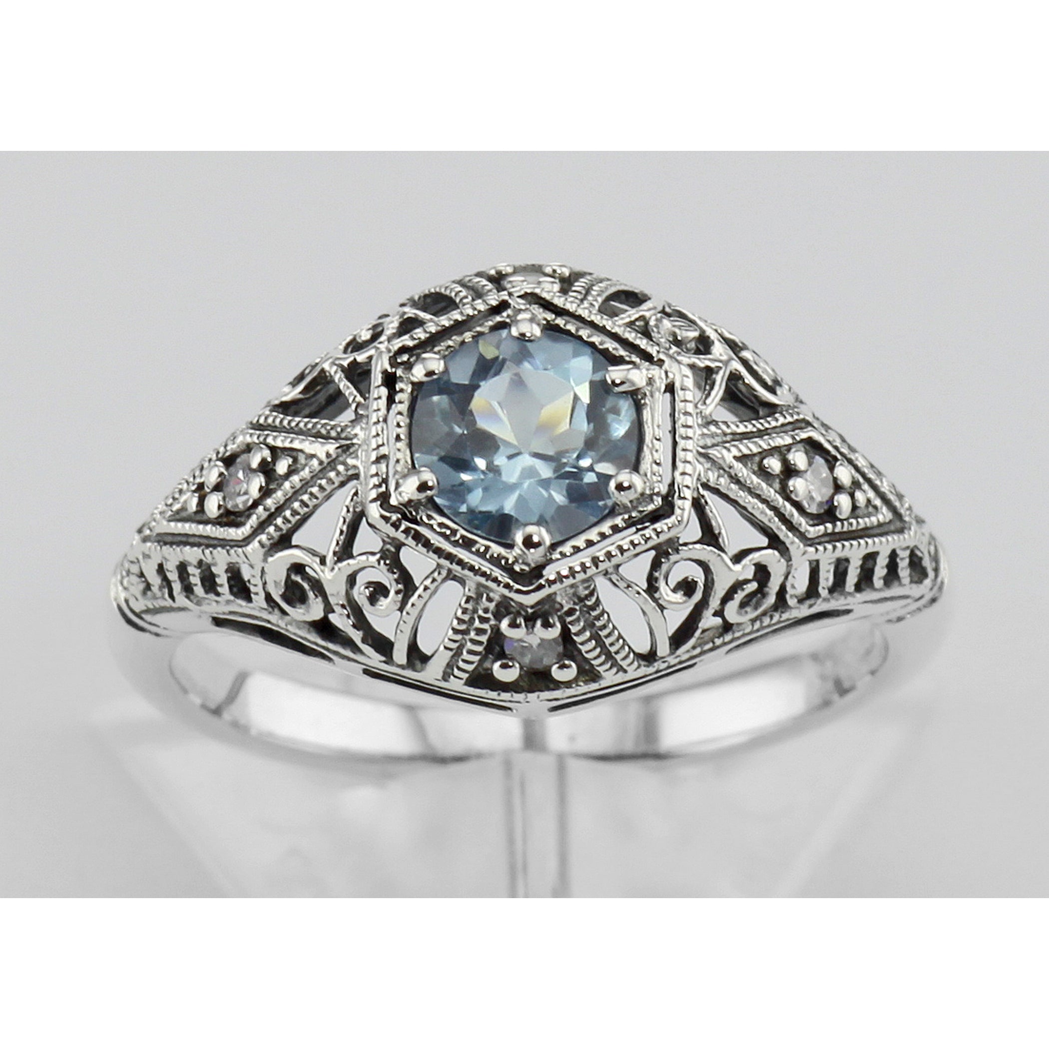 Back view of Blue Topaz Victorian Style Filigree Ring w/ 4 Diamonds showing 925 sterling silver hallmark