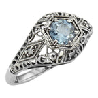 Victorian style, Blue Topaz, Diamond, sterling silver rings, front view