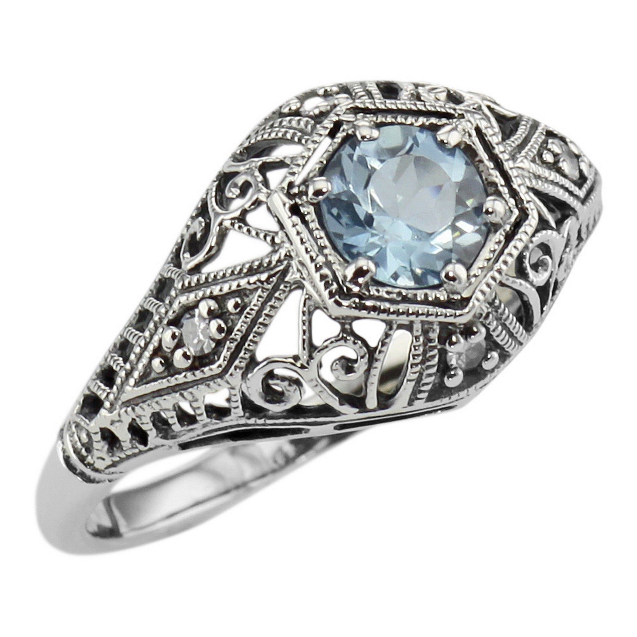 Victorian style, Blue Topaz, Diamond, sterling silver rings, front view