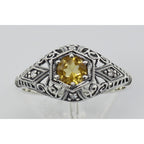 Detail view of Art Deco Style Citrine Filigree Ring w/ 4 Diamonds highlighting Citrine, Diamond
