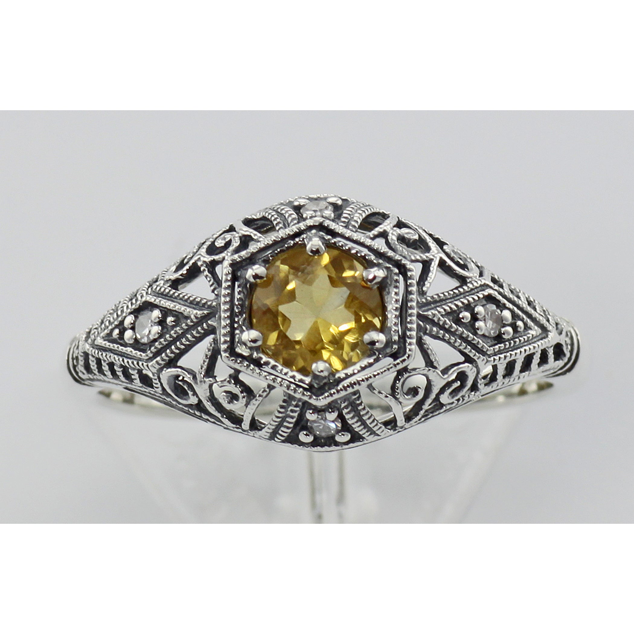 Detail view of Art Deco Style Citrine Filigree Ring w/ 4 Diamonds highlighting Citrine, Diamond