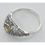 Back view of Art Deco Style Citrine Filigree Ring w/ 4 Diamonds showing 925 sterling silver hallmark
